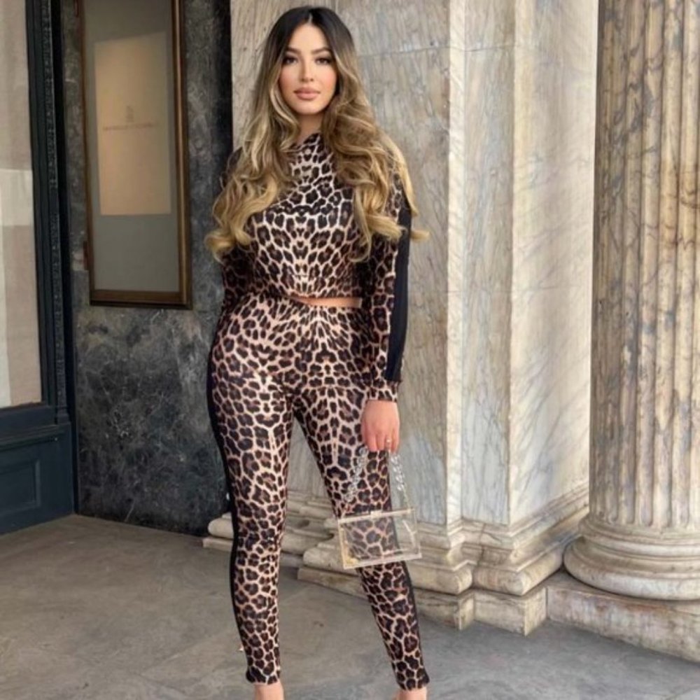 Leopard Print Long Sleeve Hoodie Hooded Crop Top and Joggers Pants Two Piece Set - Picture 6 of 10